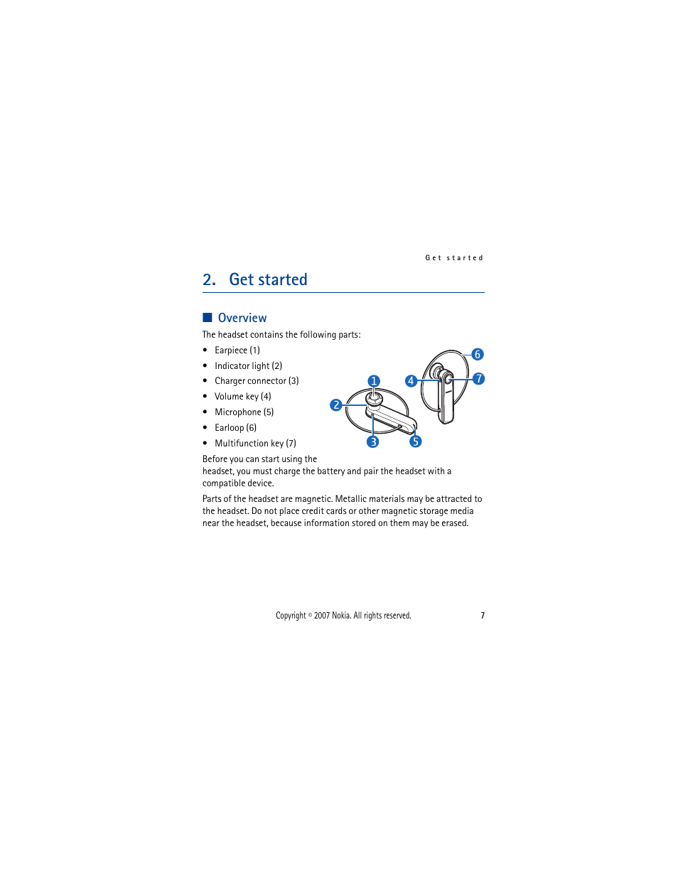 Get started, Overview | Nokia PHONE ACCESSORY BH-701 User Manual | Page 7 / 59