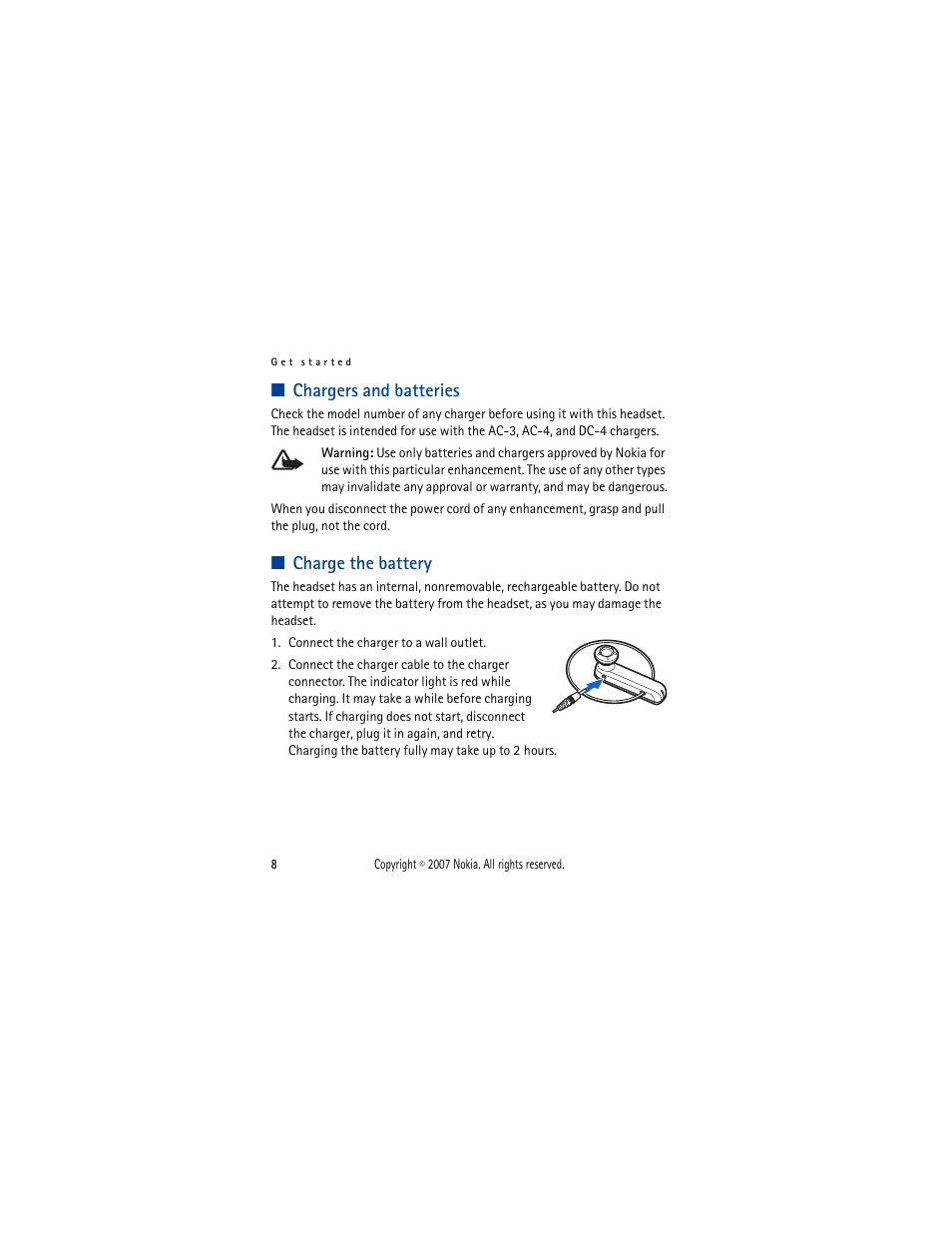 Chargers and batteries, Charge the battery, Chargers and batteries charge the battery | Nokia PHONE ACCESSORY BH-701 User Manual | Page 8 / 59