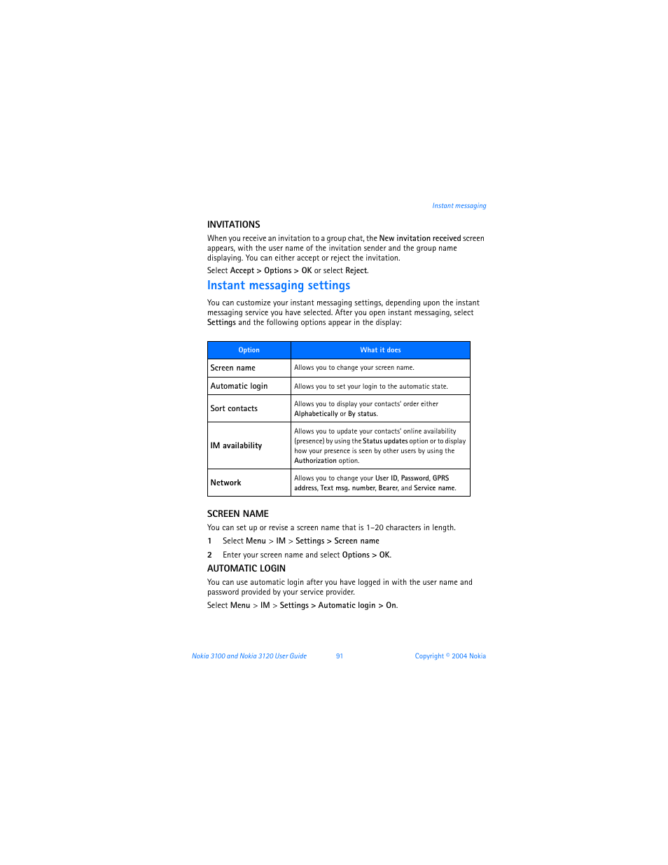 Instant messaging settings | Nokia 3120b User Manual | Page 100 / 131