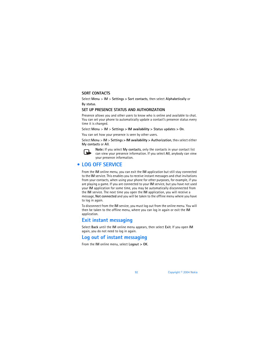 Log off service, Exit instant messaging, Log out of instant messaging | Nokia 3120b User Manual | Page 101 / 131