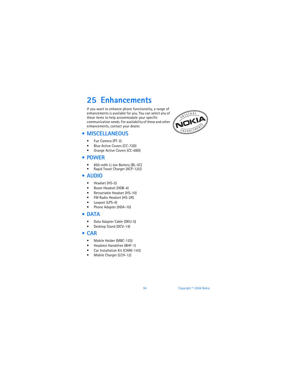 25 enhancements, Miscellaneous, Power | Audio, Data, Enhancements, Miscellaneous power audio data car | Nokia 3120b User Manual | Page 103 / 131