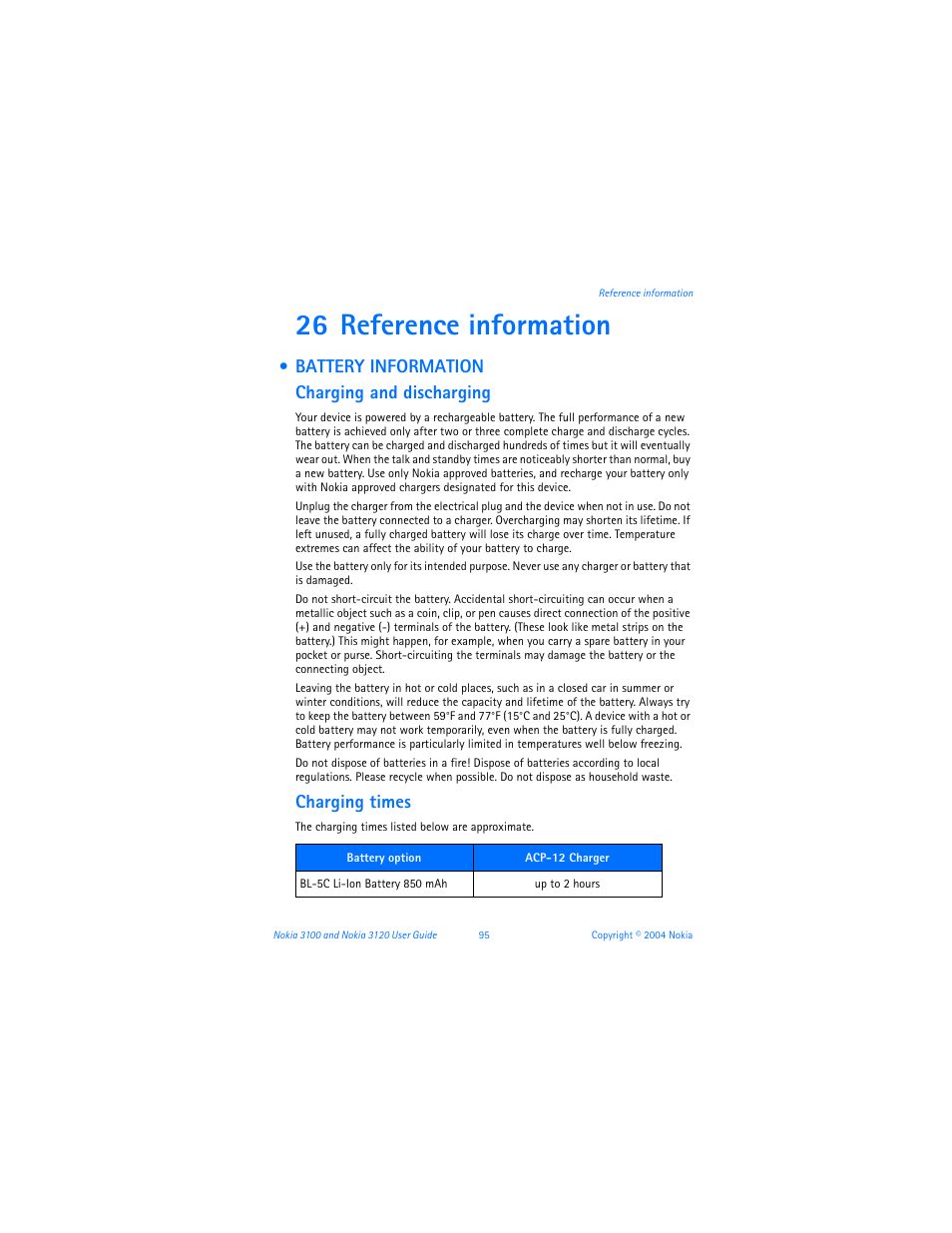 26 reference information, Battery information, Reference information | Battery information charging and discharging, Charging times | Nokia 3120b User Manual | Page 104 / 131