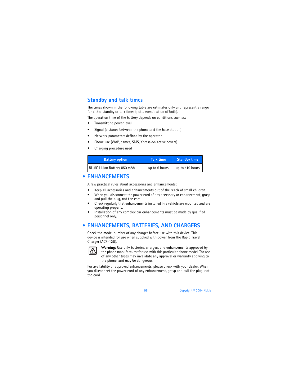 Enhancements, Enhancements, batteries, and chargers, Enhancements enhancements, batteries, and chargers | Standby and talk times | Nokia 3120b User Manual | Page 105 / 131