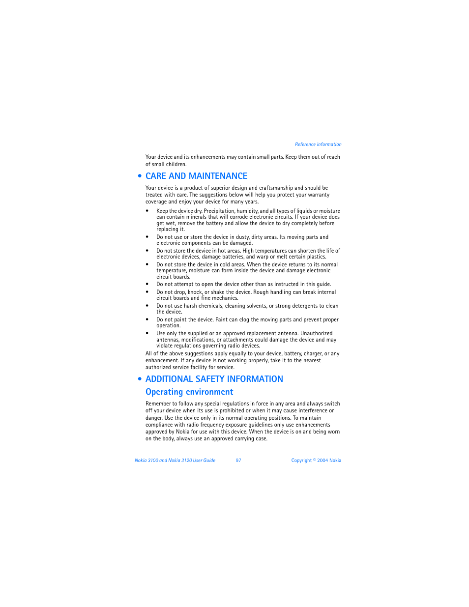 Care and maintenance, Additional safety information | Nokia 3120b User Manual | Page 106 / 131