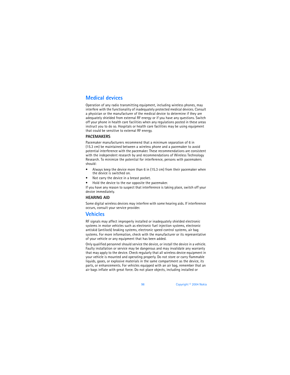 Medical devices, Vehicles | Nokia 3120b User Manual | Page 107 / 131