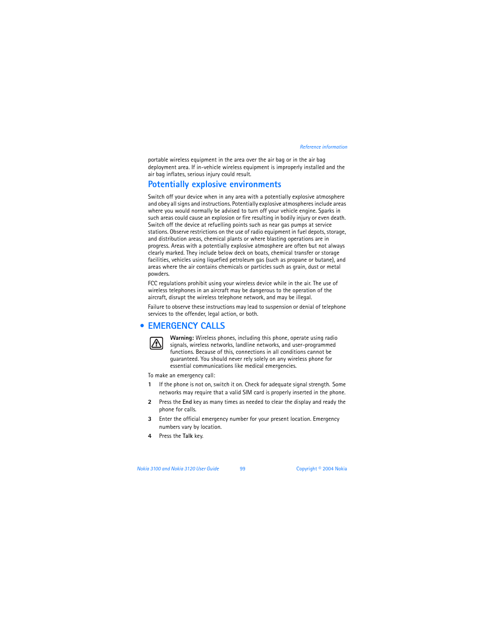 Emergency calls, Potentially explosive environments | Nokia 3120b User Manual | Page 108 / 131