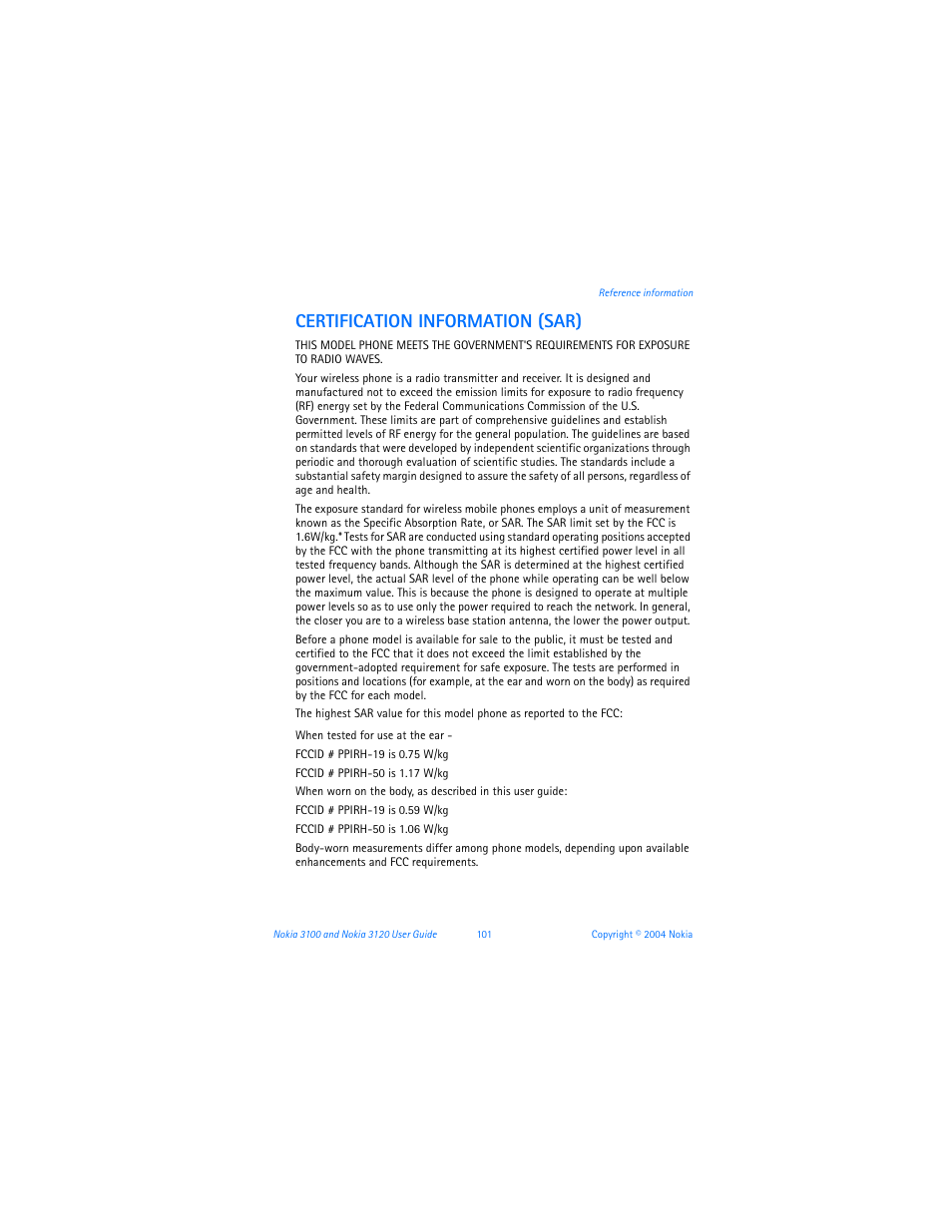 Certification information (sar) | Nokia 3120b User Manual | Page 110 / 131