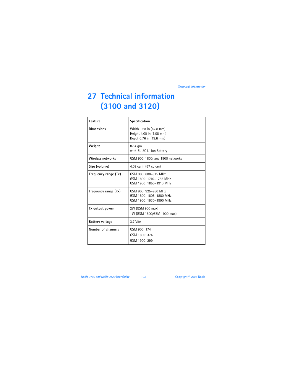 27 technical information, Technical information | Nokia 3120b User Manual | Page 112 / 131