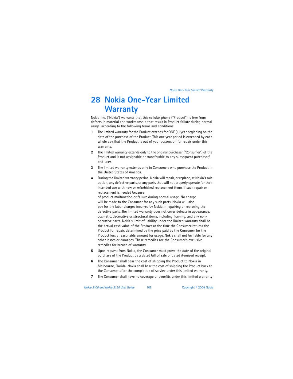 28 nokia one-year limited warranty, Nokia one-year limited warranty | Nokia 3120b User Manual | Page 114 / 131