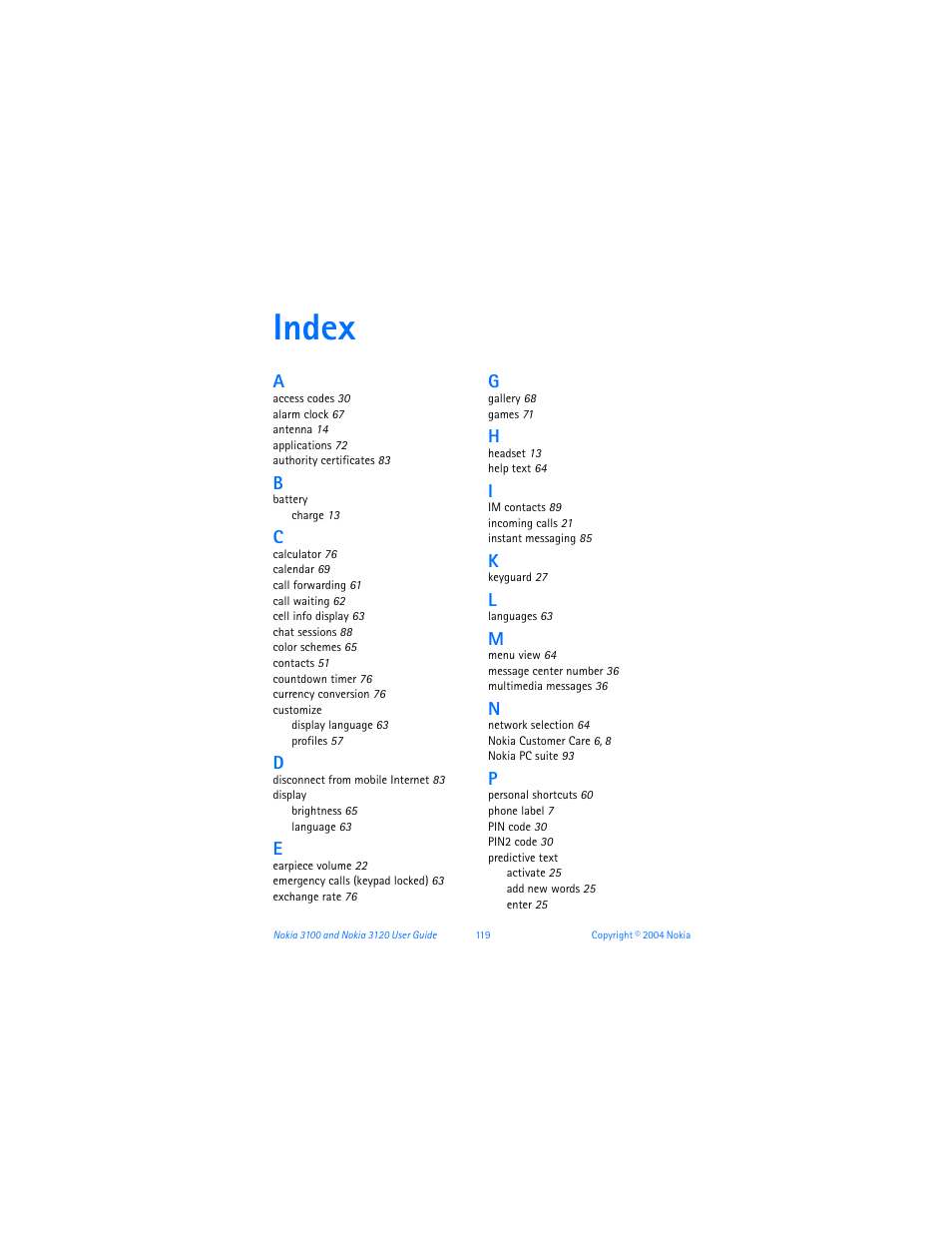 Index | Nokia 3120b User Manual | Page 128 / 131