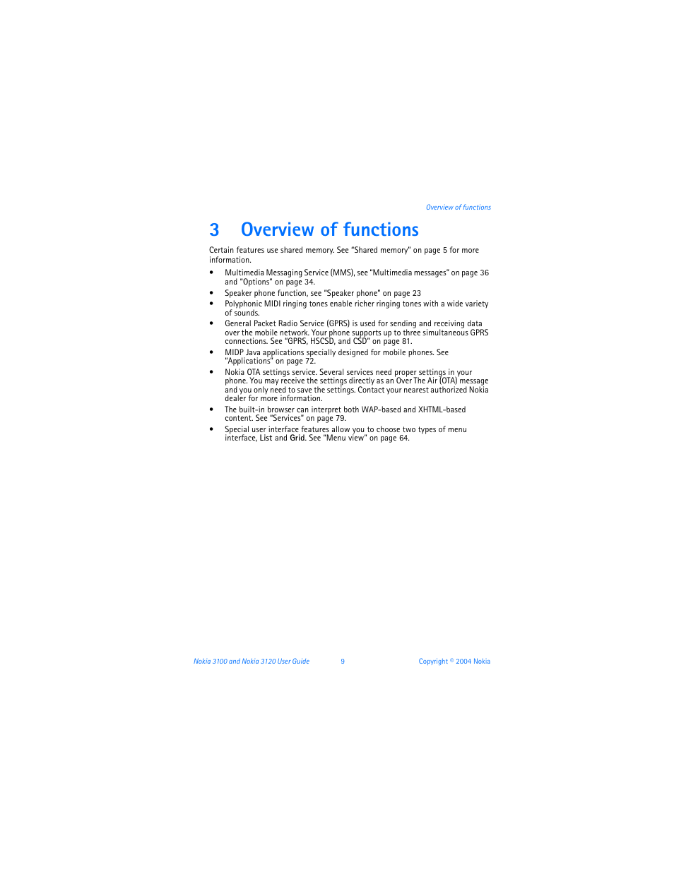 3 overview of functions, Overview of functions, 3overview of functions | Nokia 3120b User Manual | Page 18 / 131