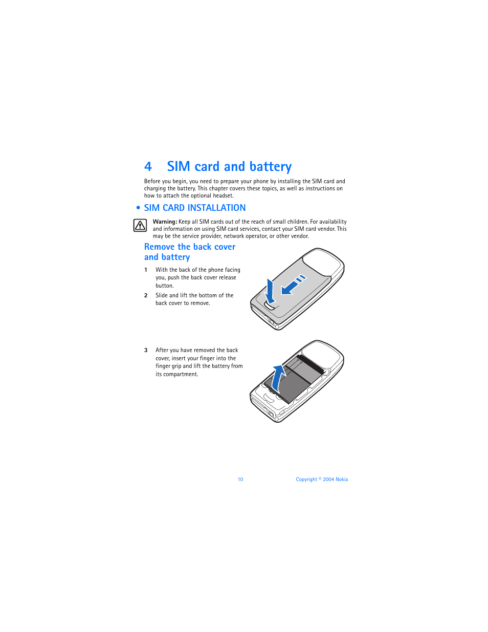 4 sim card and battery, Sim card installation, Sim card and battery | 4sim card and battery | Nokia 3120b User Manual | Page 19 / 131