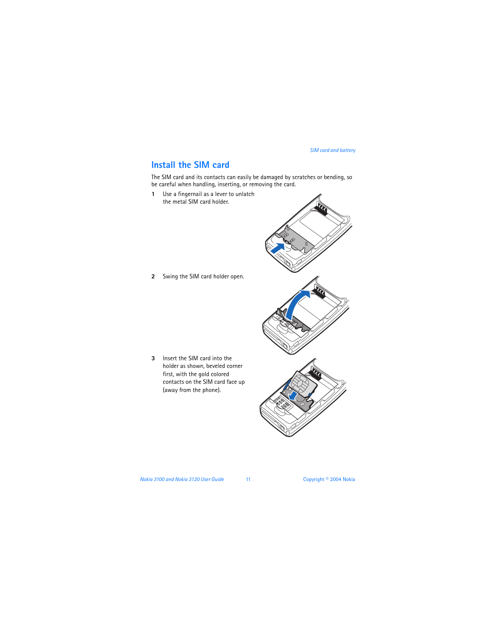 Install the sim card | Nokia 3120b User Manual | Page 20 / 131