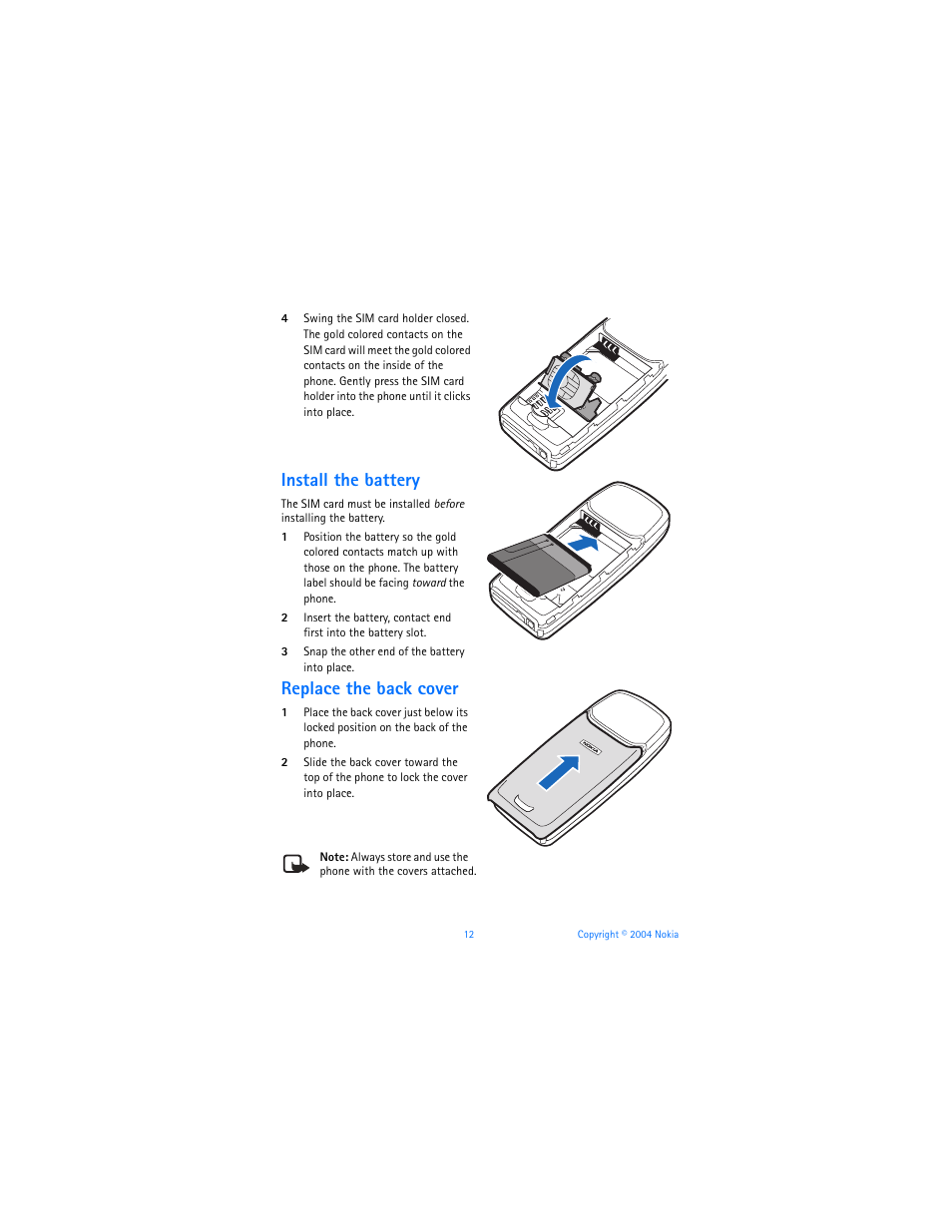 Install the battery, Replace the back cover | Nokia 3120b User Manual | Page 21 / 131
