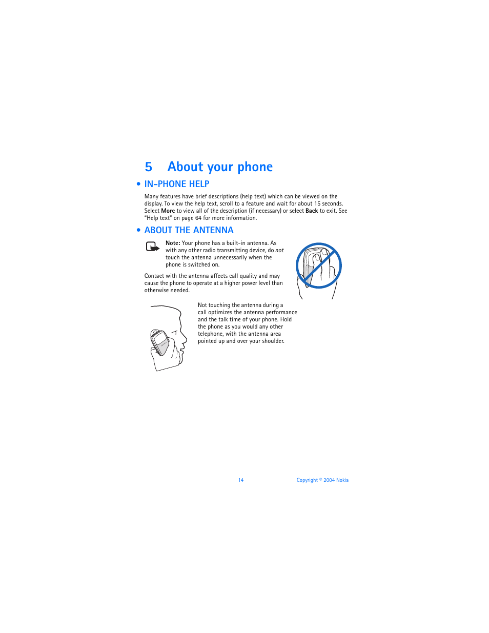 5 about your phone, In-phone help, About the antenna | About your phone, In-phone help about the antenna, 5about your phone | Nokia 3120b User Manual | Page 23 / 131