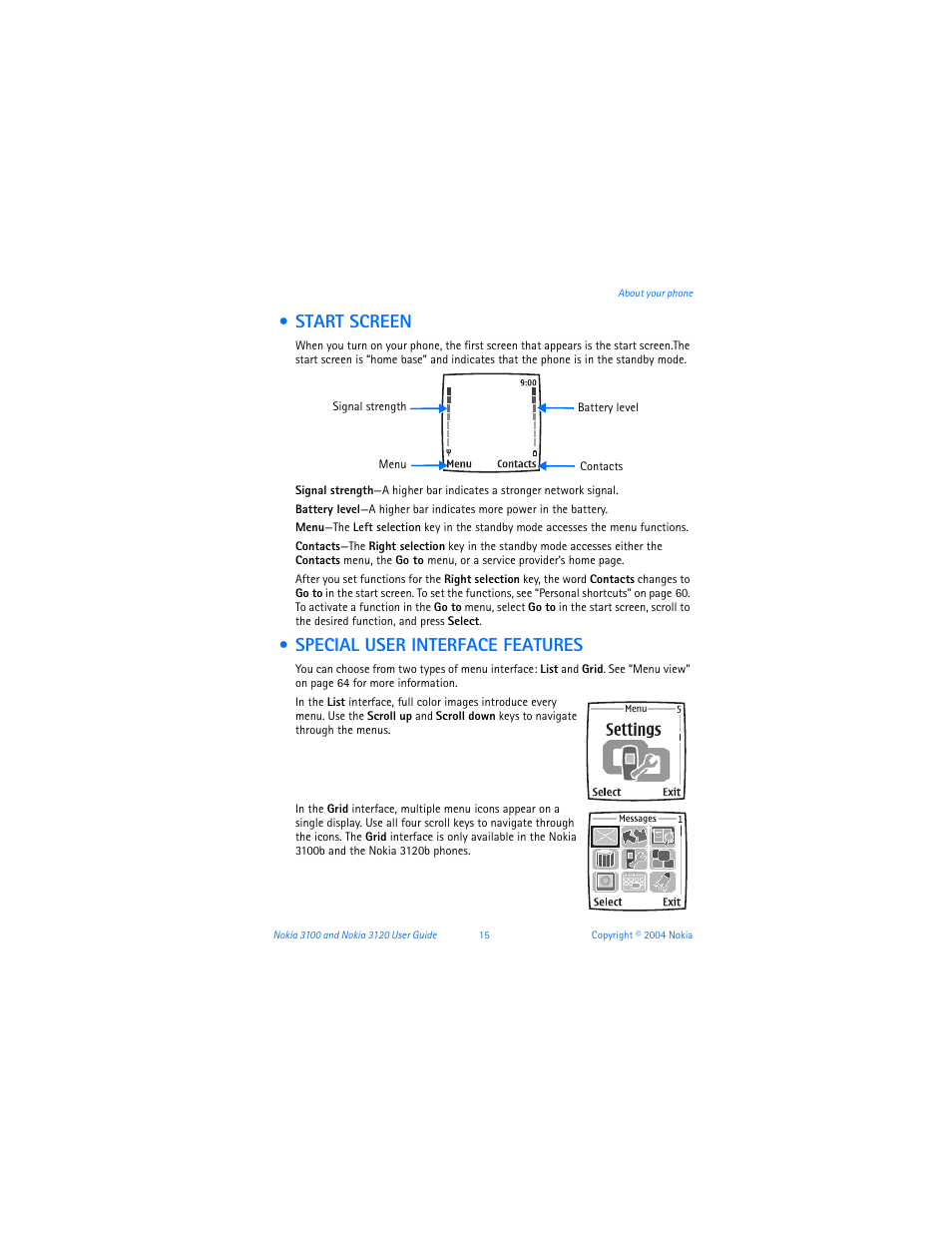 Start screen, Special user interface features, Start screen special user interface features15 | Nokia 3120b User Manual | Page 24 / 131