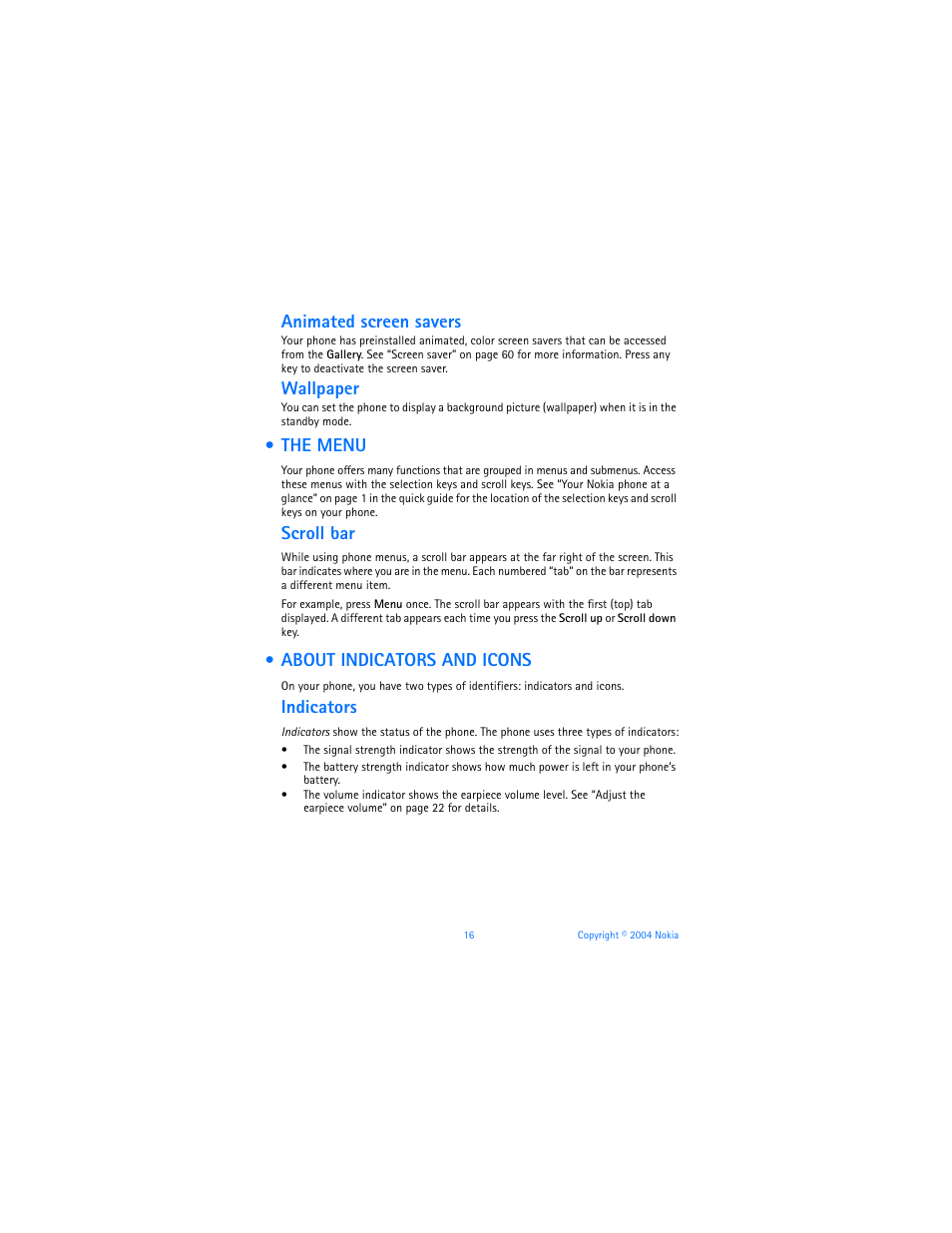 The menu, About indicators and icons, The menu about indicators and icons | Animated screen savers, Wallpaper, Scroll bar, Indicators | Nokia 3120b User Manual | Page 25 / 131