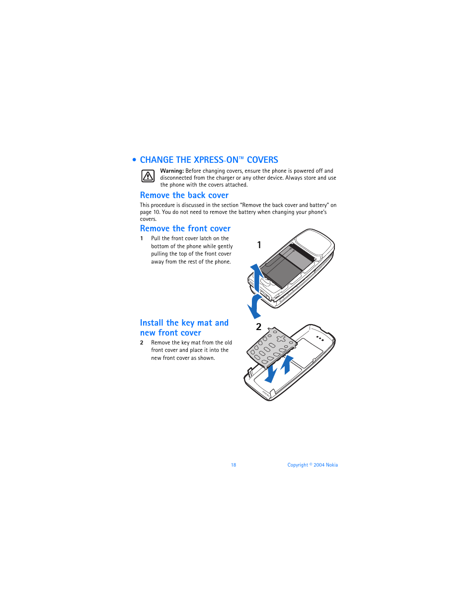 Change the xpress-on™ covers, Change the xpress-on™ covers . 18 | Nokia 3120b User Manual | Page 27 / 131