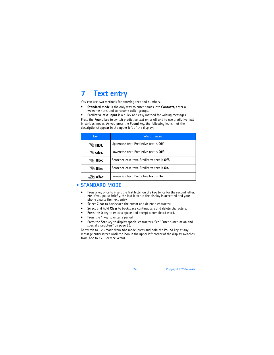 7 text entry, Standard mode, Text entry | 7text entry | Nokia 3120b User Manual | Page 33 / 131