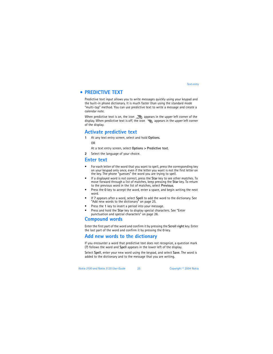 Predictive text, Activate predictive text, Enter text | Compound words, Add new words to the dictionary | Nokia 3120b User Manual | Page 34 / 131