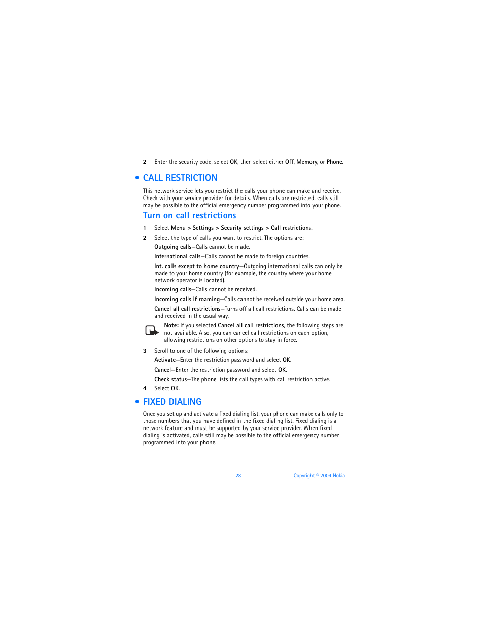 Call restriction, Fixed dialing, Call restriction fixed dialing | Turn on call restrictions | Nokia 3120b User Manual | Page 37 / 131