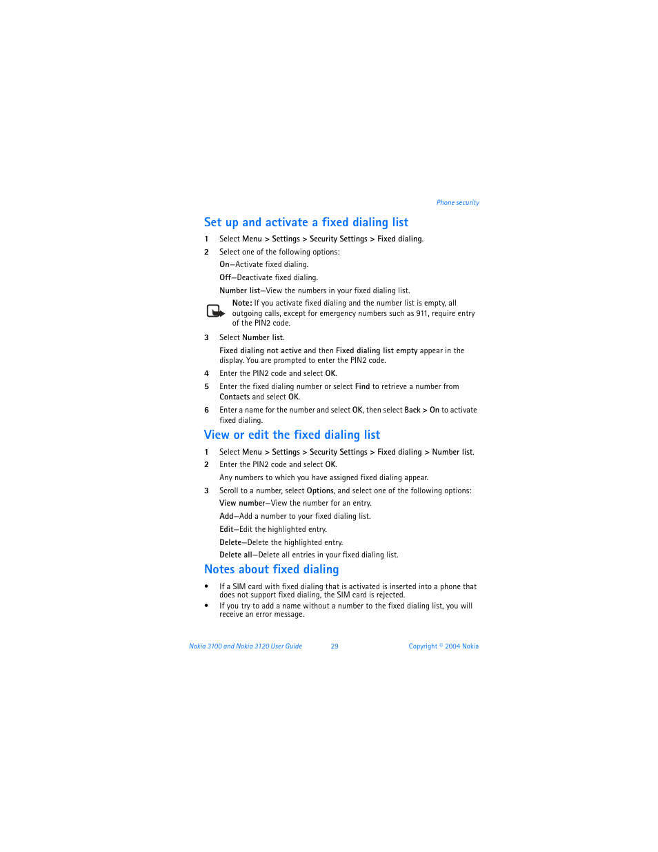 Set up and activate a fixed dialing list, View or edit the fixed dialing list | Nokia 3120b User Manual | Page 38 / 131