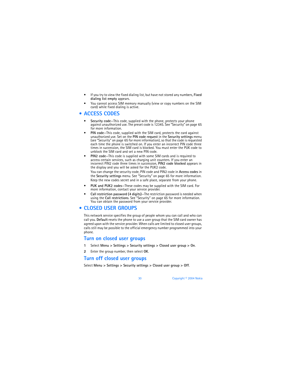 Access codes, Closed user groups, Access codes closed user groups | Turn on closed user groups, Turn off closed user groups | Nokia 3120b User Manual | Page 39 / 131