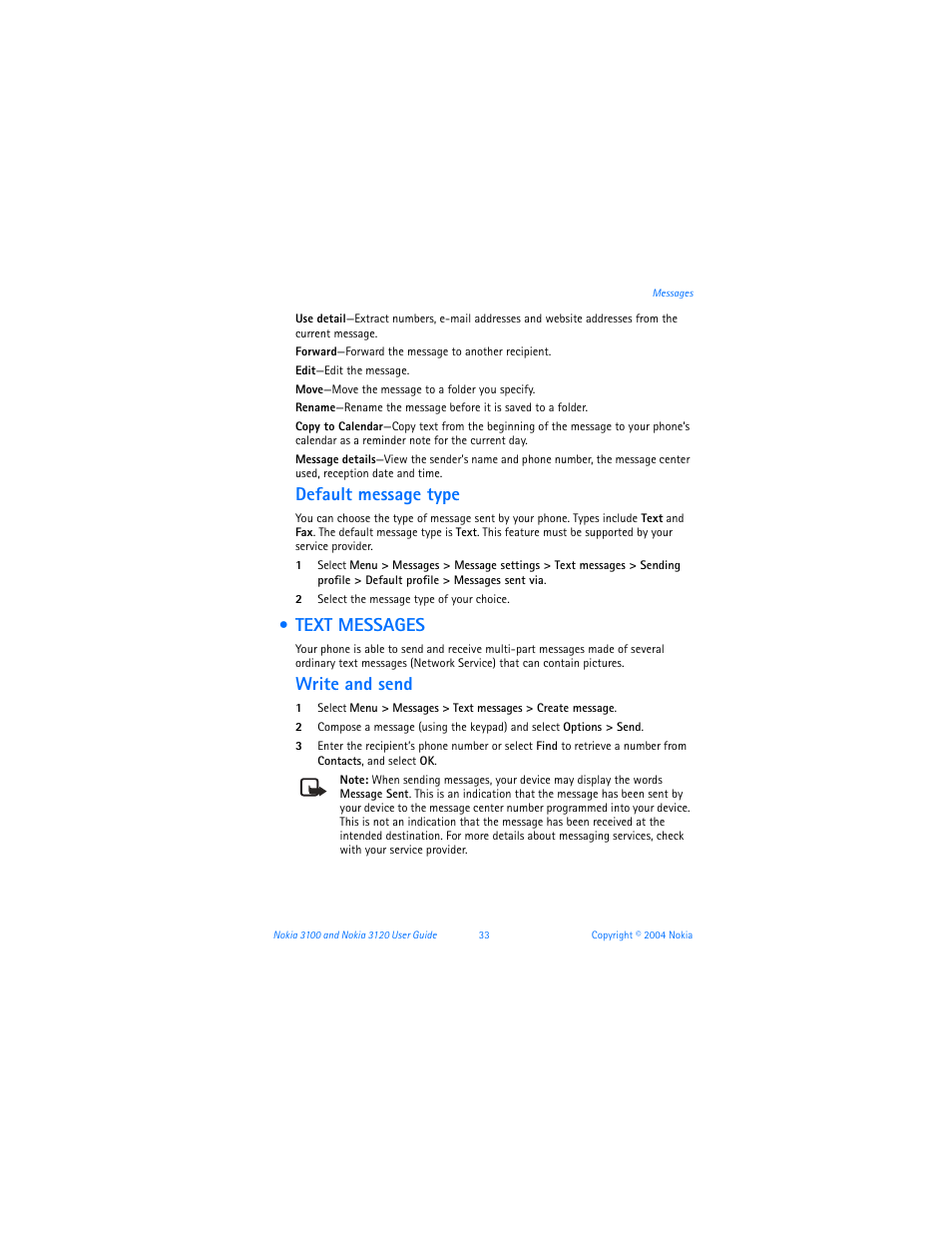 Text messages, Default message type, Write and send | Nokia 3120b User Manual | Page 42 / 131