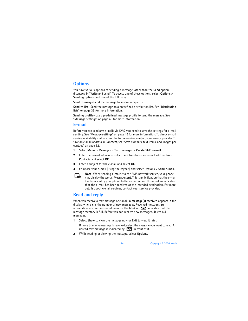 Options, E-mail, Read and reply | Nokia 3120b User Manual | Page 43 / 131