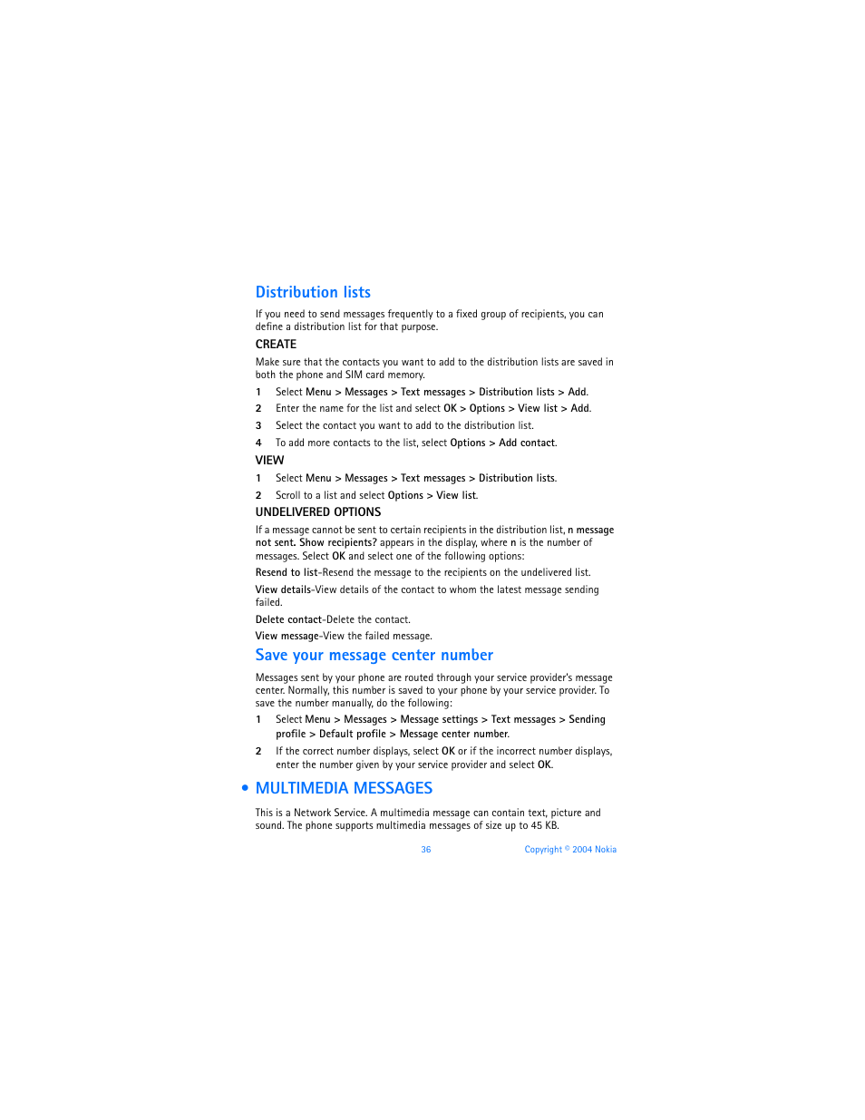Multimedia messages, Distribution lists, Save your message center number | Nokia 3120b User Manual | Page 45 / 131