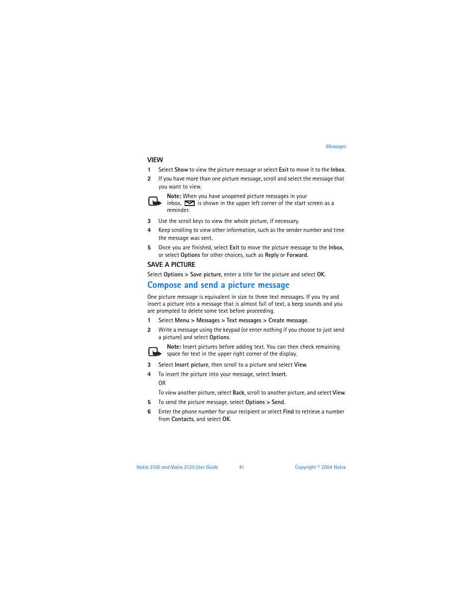 Compose and send a picture message | Nokia 3120b User Manual | Page 50 / 131