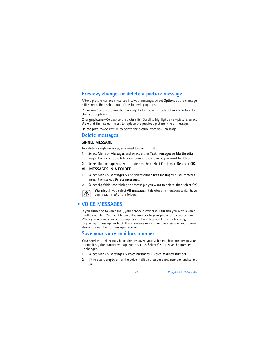 Voice messages, Preview, change, or delete a picture message, Delete messages | Save your voice mailbox number | Nokia 3120b User Manual | Page 51 / 131