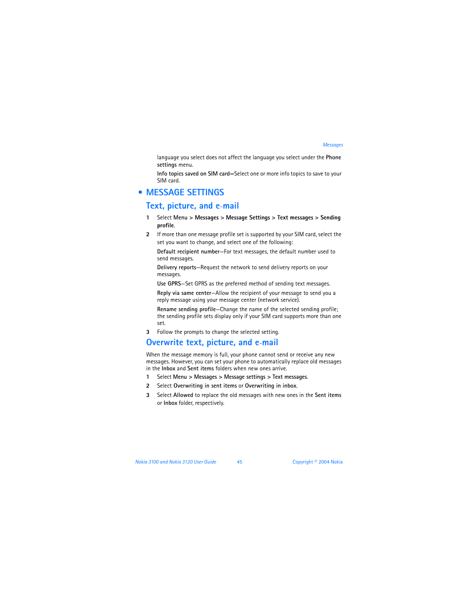 Message settings, Message settings text, picture, and e, Mail | Overwrite text, picture, and e | Nokia 3120b User Manual | Page 54 / 131
