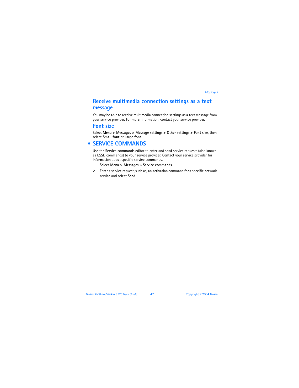 Service commands, Font size | Nokia 3120b User Manual | Page 56 / 131
