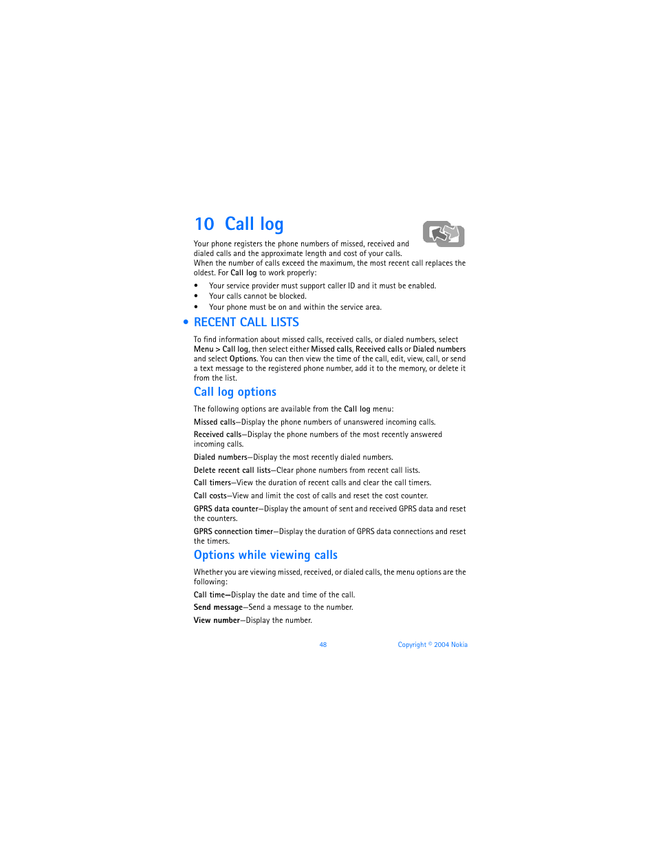10 call log, Recent call lists, Call log | Call log options, Options while viewing calls | Nokia 3120b User Manual | Page 57 / 131