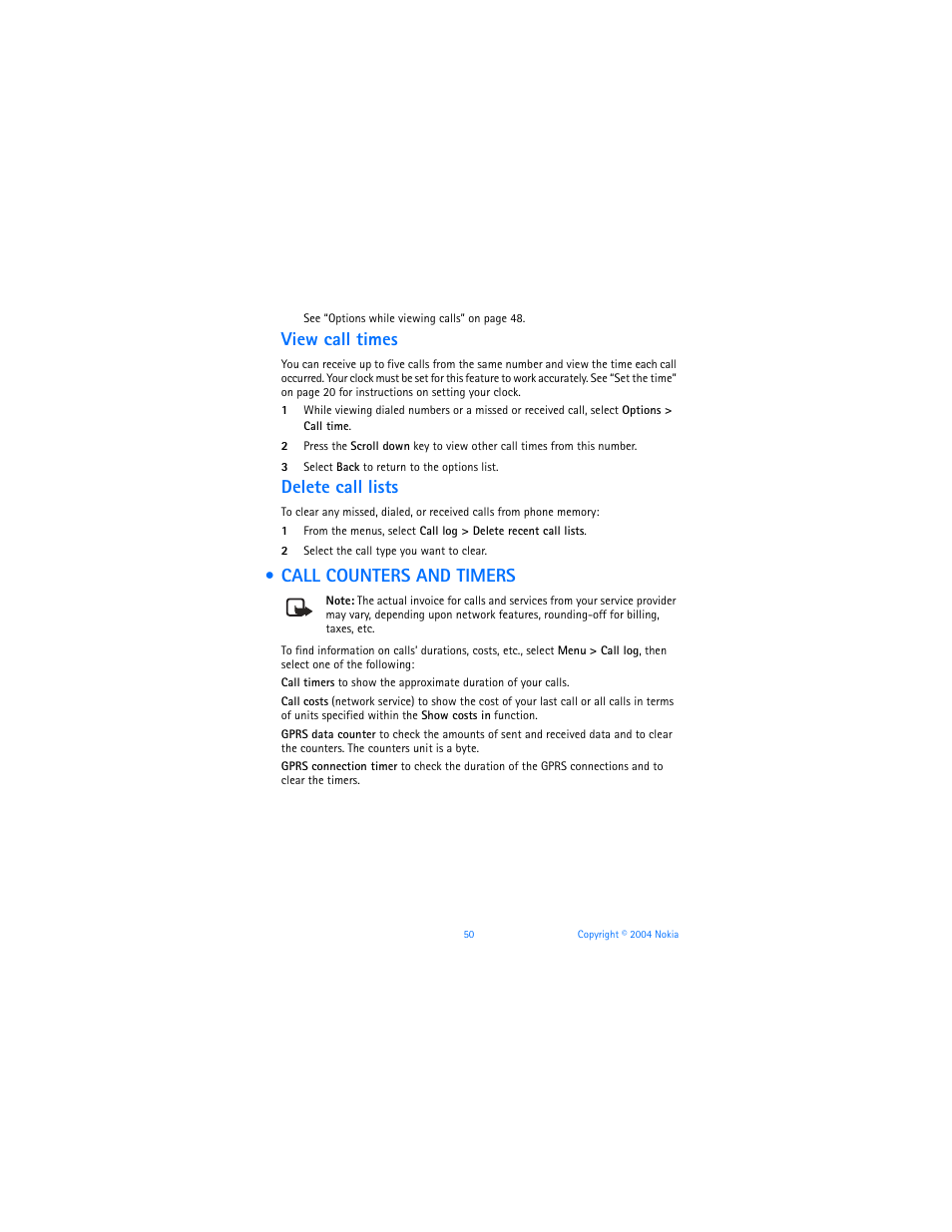 Call counters and timers, View call times, Delete call lists | Nokia 3120b User Manual | Page 59 / 131
