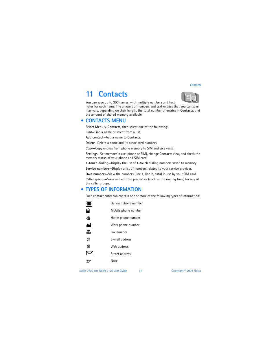 11 contacts, Contacts menu, Types of information | Contacts, Contacts menu types of information | Nokia 3120b User Manual | Page 60 / 131