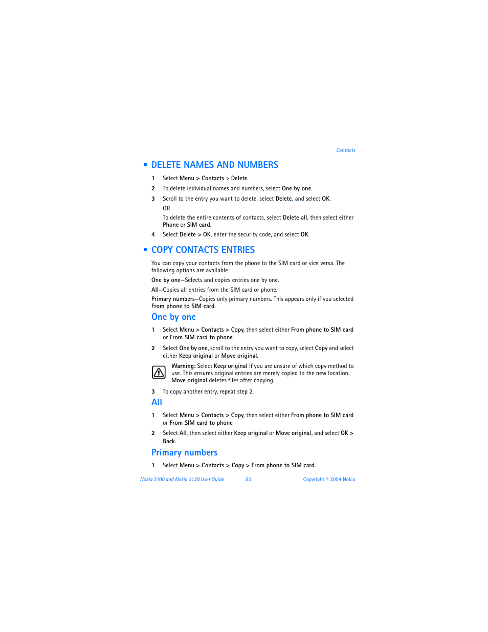 Delete names and numbers, Copy contacts entries, Delete names and numbers copy contacts entries | One by one, Primary numbers | Nokia 3120b User Manual | Page 62 / 131