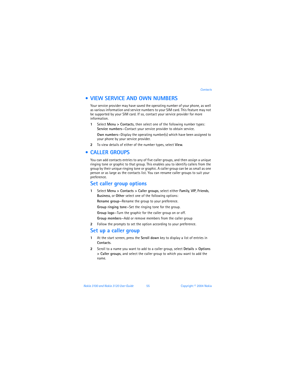 View service and own numbers, Caller groups, View service and own numbers caller groups | Set caller group options, Set up a caller group | Nokia 3120b User Manual | Page 64 / 131