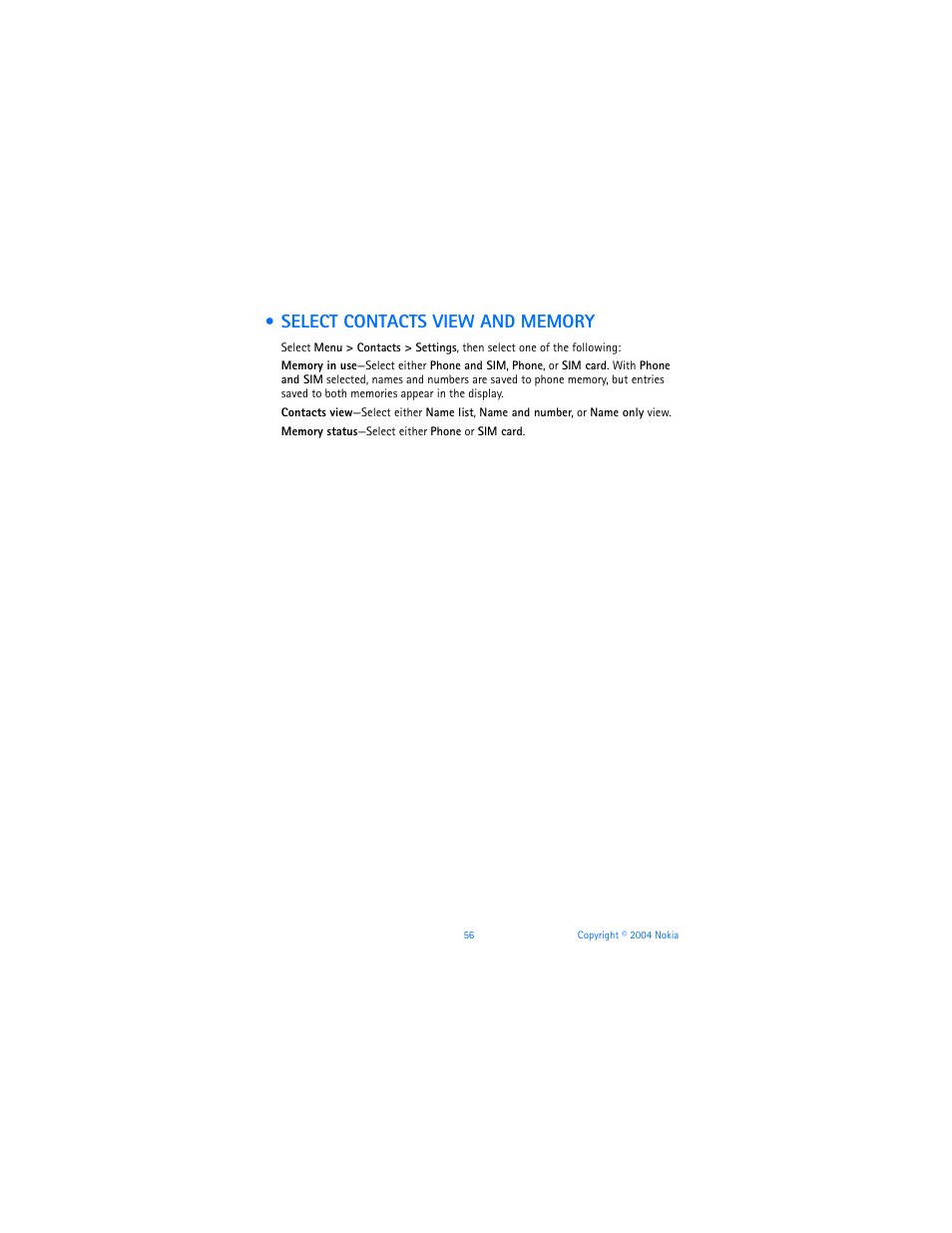 Select contacts view and memory | Nokia 3120b User Manual | Page 65 / 131