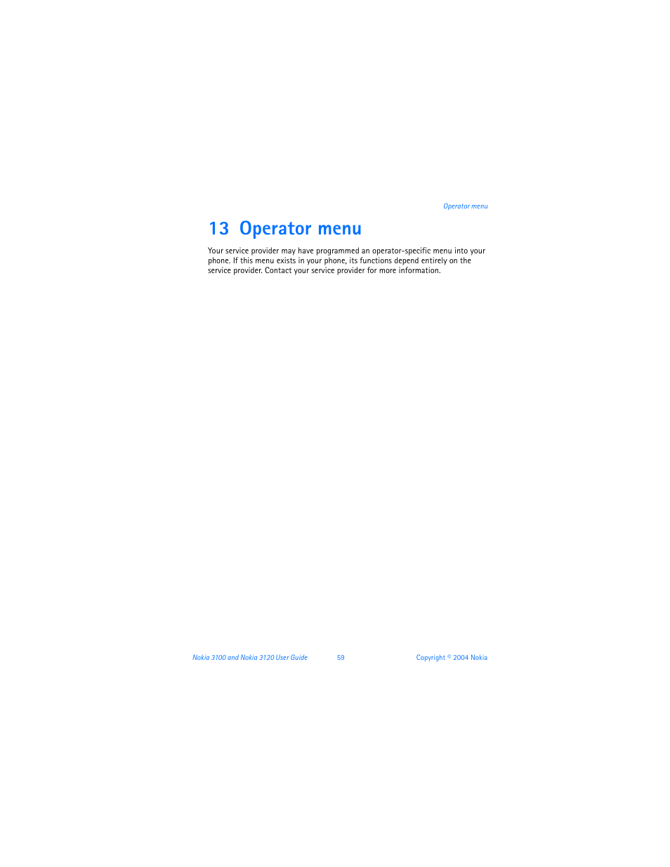 13 operator menu, Operator menu | Nokia 3120b User Manual | Page 68 / 131
