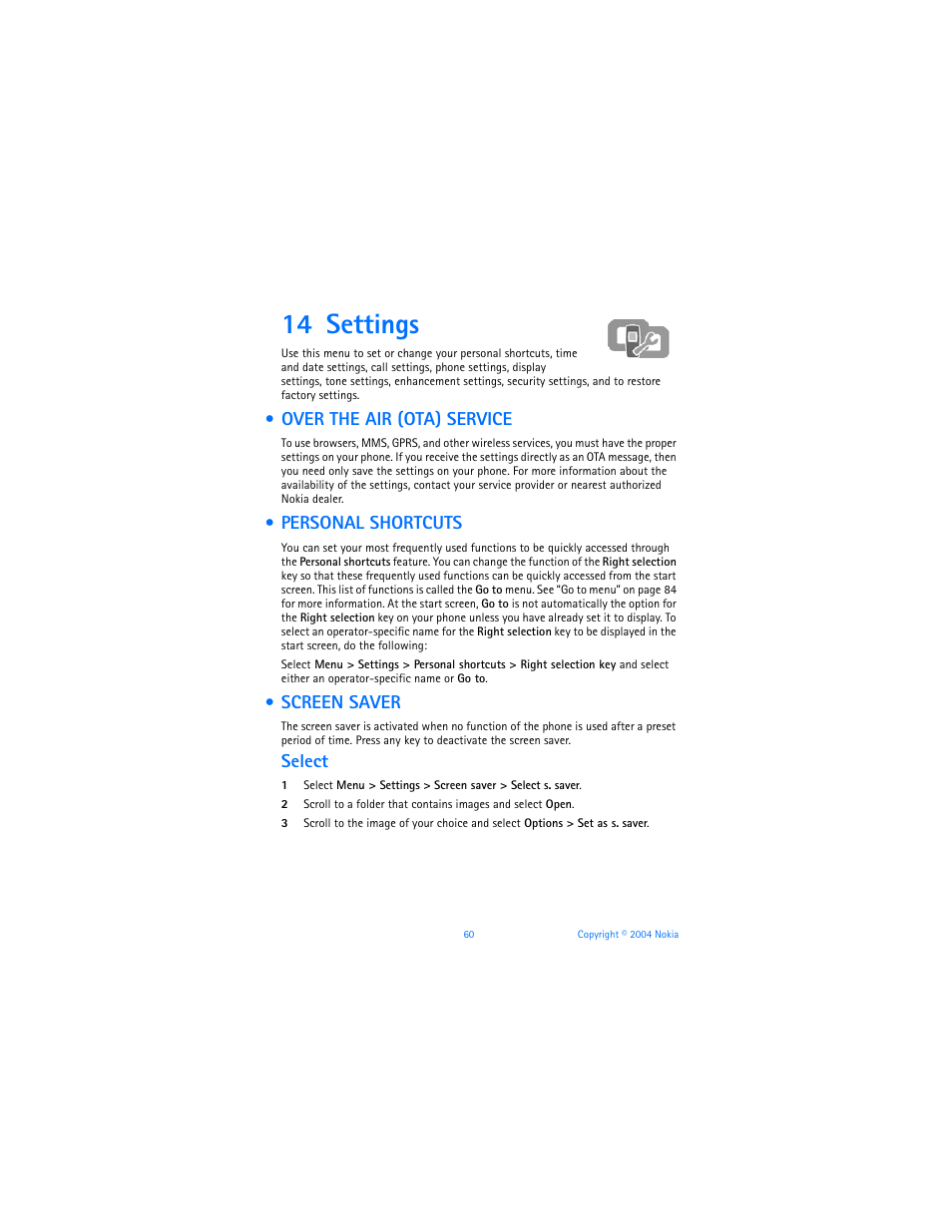 14 settings, Over the air (ota) service, Personal shortcuts | Screen saver, Settings, Select | Nokia 3120b User Manual | Page 69 / 131