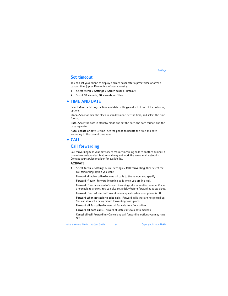 Time and date, Call, Time and date call | Set timeout, Call call forwarding | Nokia 3120b User Manual | Page 70 / 131