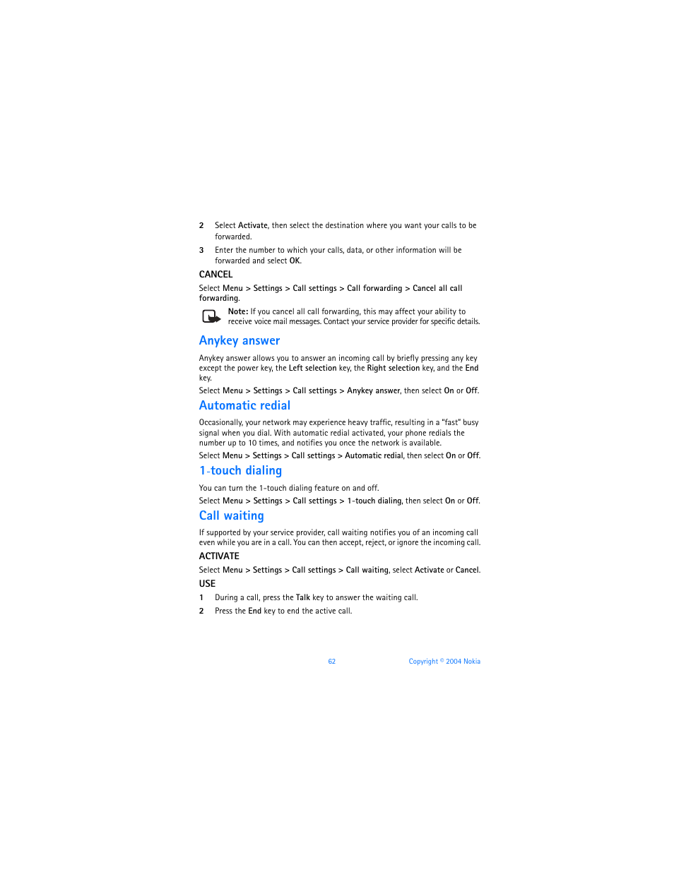Anykey answer, Automatic redial, Touch dialing | Call waiting | Nokia 3120b User Manual | Page 71 / 131