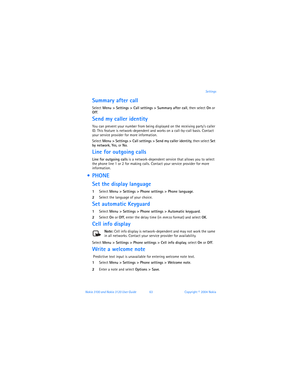 Phone, Summary after call, Send my caller identity | Line for outgoing calls, Phone set the display language, Set automatic keyguard, Cell info display | Nokia 3120b User Manual | Page 72 / 131