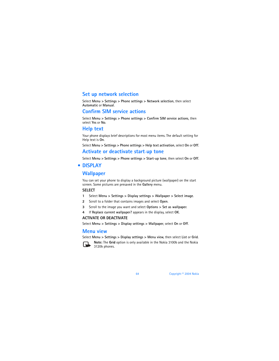 Display, Set up network selection, Confirm sim service actions | Help text, Activate or deactivate start, Up tone, Display wallpaper, Menu view | Nokia 3120b User Manual | Page 73 / 131