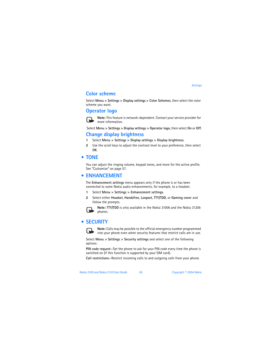 Tone, Enhancement, Security | Tone enhancement security, Color scheme, Operator logo, Change display brightness | Nokia 3120b User Manual | Page 74 / 131