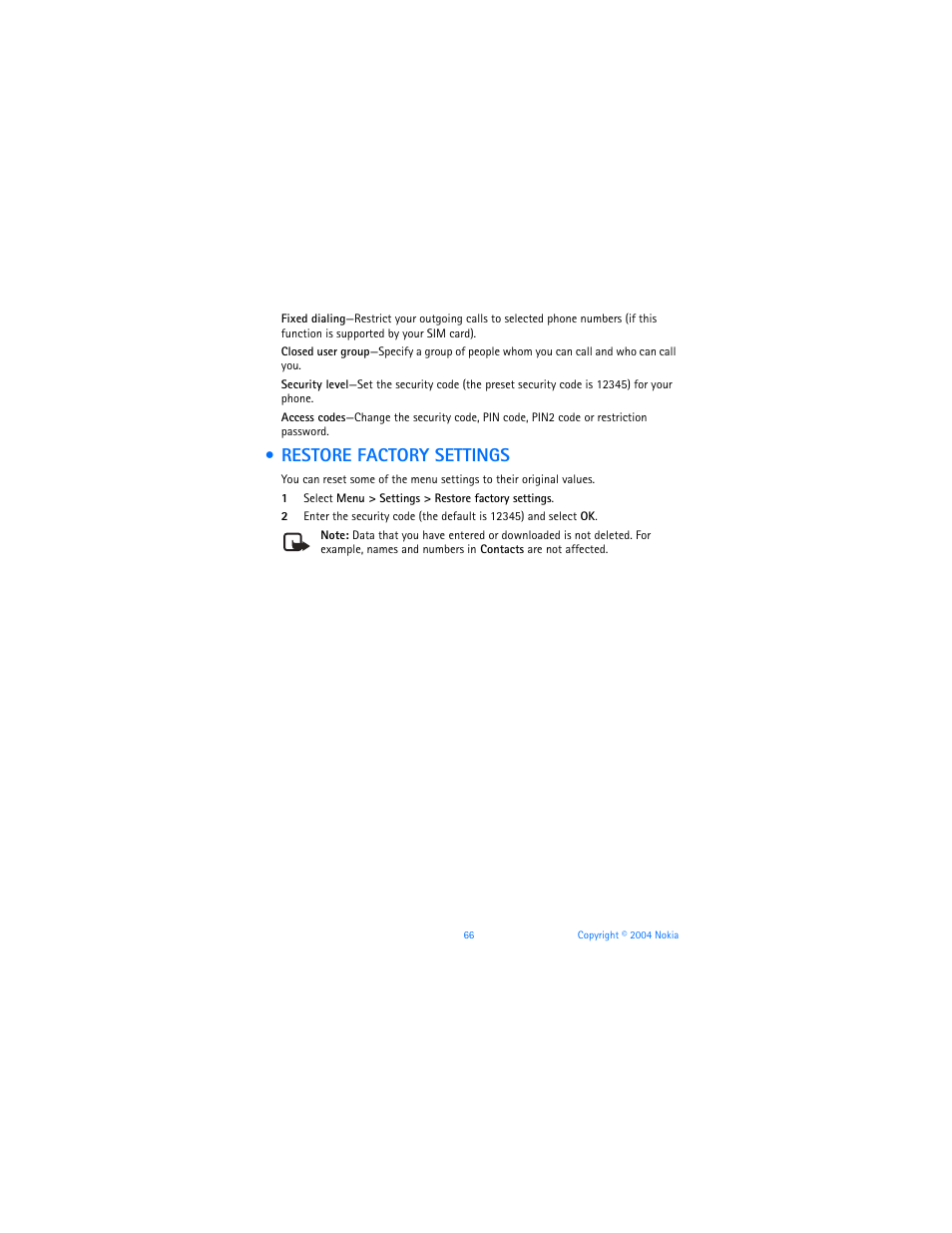 Restore factory settings | Nokia 3120b User Manual | Page 75 / 131