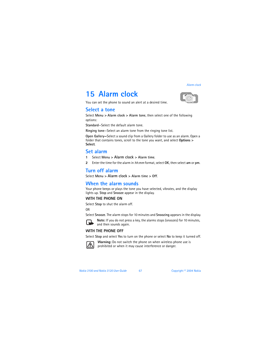 15 alarm clock, Alarm clock, Select a tone | Set alarm, Turn off alarm, When the alarm sounds | Nokia 3120b User Manual | Page 76 / 131