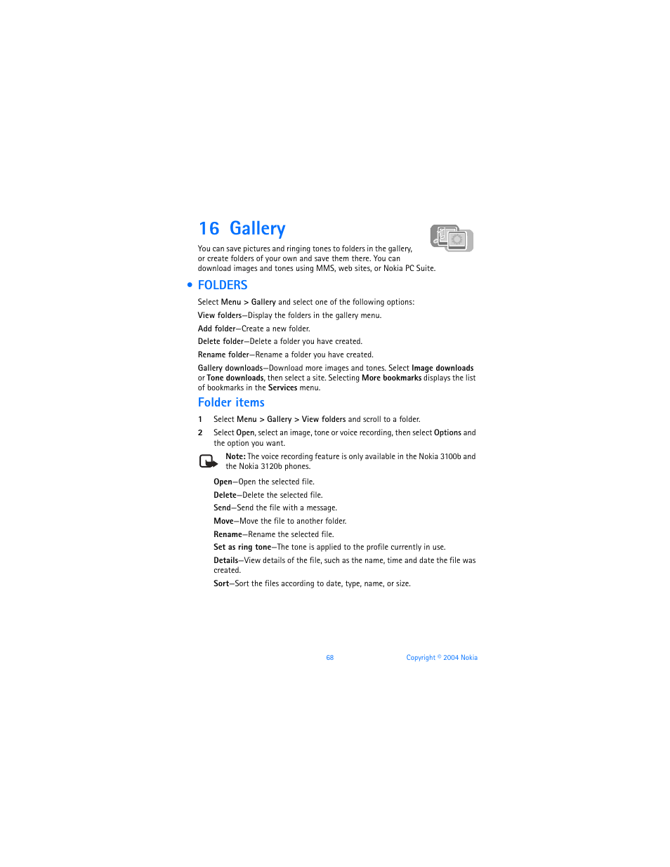 16 gallery, Folders, Gallery | Folder items | Nokia 3120b User Manual | Page 77 / 131
